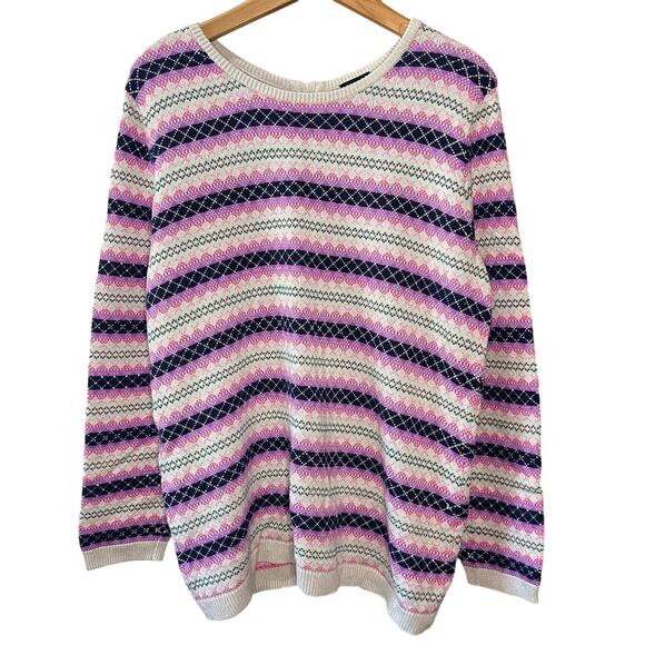 Talbots Fair Isle Multicolor Colorful Striped Crewneck Full Zip Back Sweater XL - Picture 1 of 5